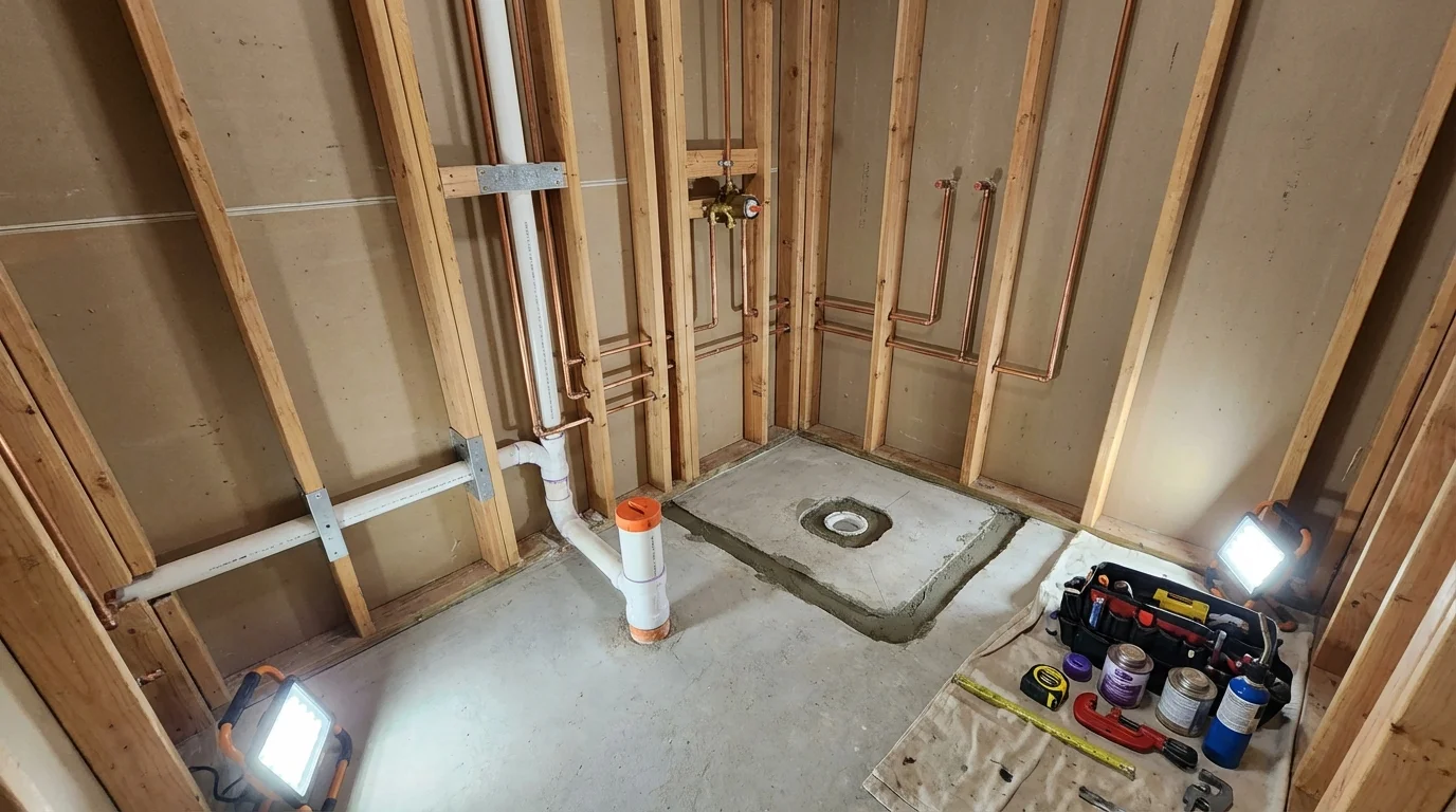 Bathroom rough-in plumbing during remodel by Johns Plumbing LLC in Marquette