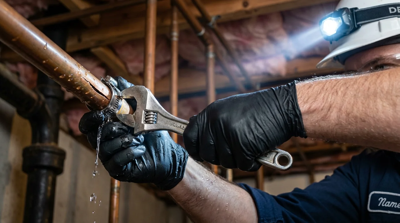 Emergency pipe clamp repair being performed by a Johns Plumbing LLC plumber in Marquette