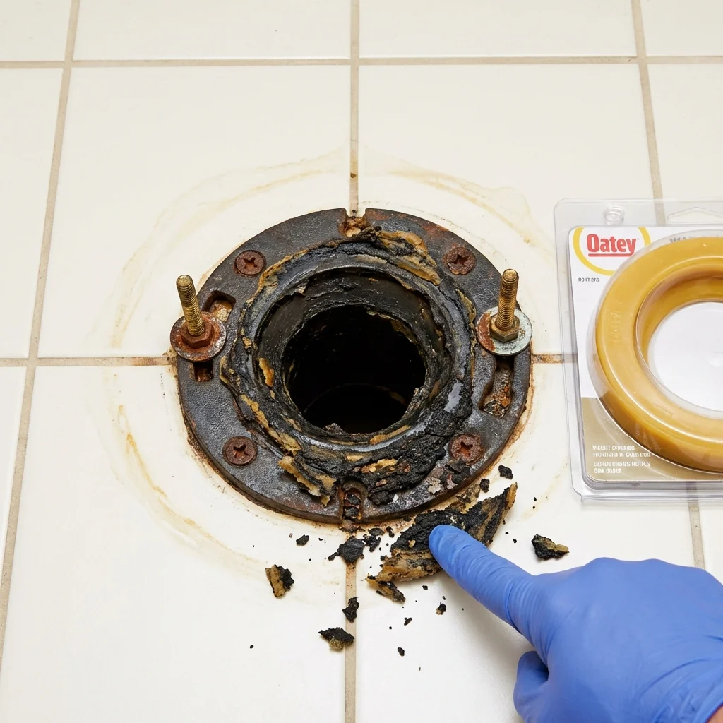 Failed wax ring showing water seepage at the base of a toilet in a Marquette, MI home