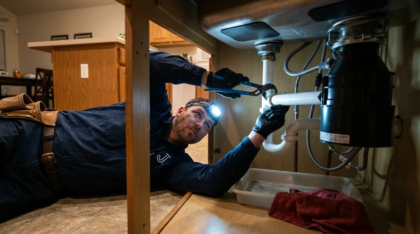 P-trap and supply line connections under a kitchen sink showing a common leak point in Marquette, MI